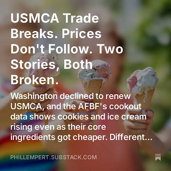 Washington declined to renew USMCA, and the AFBF's cookout data shows cookies and ice cream rising even as their core ingredients got cheaper.