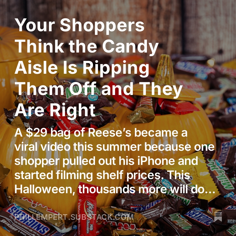 BLS data shows candy and gum prices running 7.7% above last year, about double overall inflation, since 2019, candy is up 54%